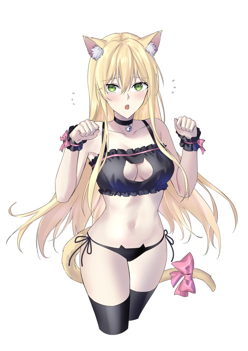 1girl absurdres animal_ears bell black_bra black_panties black_thighhighs black_wrist_cuffs blonde_hair blush bow bra breasts cat_ears cat_girl cat_lingerie cat_tail clenched_hands collar collarbone frilled_bra frilled_wrist_cuffs frills girls&#039;_frontline green_eyes hands_up highres long_hair looking_at_viewer medium_breasts meme_attire navel neck_bell open_mouth panties pink_bow solo stg44_(girls&#039;_frontline) stomach suprii tail thighhighs underwear wrist_cuffs