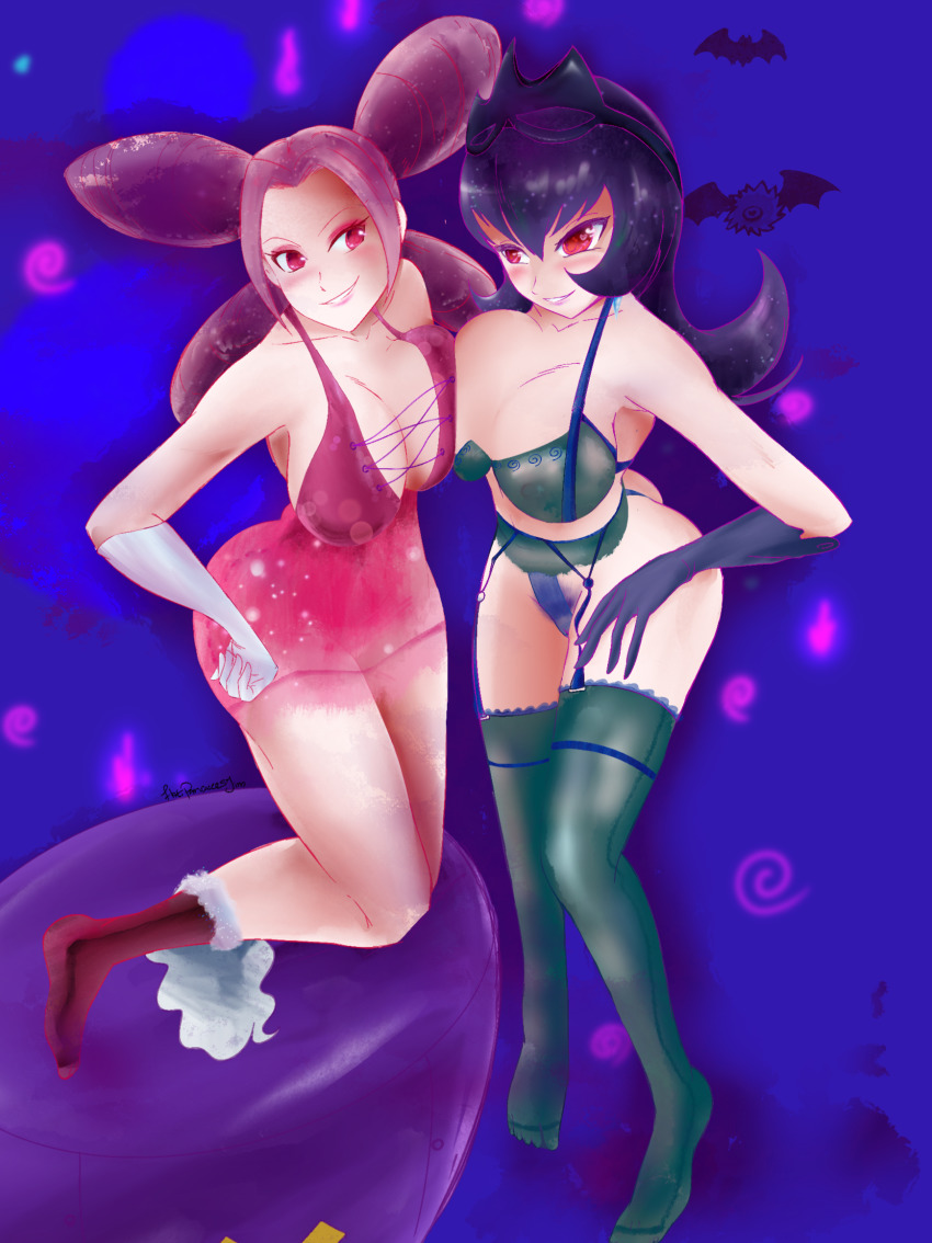2girls ass asymmetrical_docking bellelba_(pokemon) blush bra breast_press breasts dark_room fantina_(pokemon) flatpancakesjim garter_belt garter_straps gen_5_pokemon gloves highres large_breasts lingerie long_hair makeup multiple_girls nightgown nintendo pink_hair pokemon pokemon_(creature) pokemon_bw2 pokemon_dppt pokestar_studios purple_hair red_eyes sabrina_(pokemon) self-upload socks thick_thighs thighs underwear woobat
