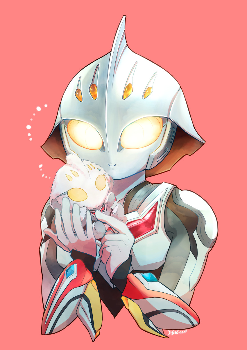1boy absurdres alien arm_blade black_skin c: character_doll colored_skin commentary_request cropped_torso doll dorsal_fin glowing glowing_eyes grey_skin highres holding holding_stuffed_toy m78_fuwafuwa male_focus multicolored_skin red_background red_skin signature silver_skin simple_background smile stuffed_toy tochiringo tokusatsu ultra_series ultraman_nexus ultraman_nexus_(series) ultraman_nexus_anphans vambraces weapon yellow_eyes