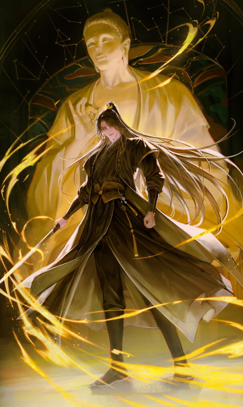 1boy absurdres black_boots black_hair black_hanfu black_pants boots chinese_clothes clenched_hand closed_mouth earrings energy full_body gold_earrings gyan_mudra half_updo hanfu high_ponytail highres holding holding_sword holding_weapon jewelry jigam jinhongi long_hair long_sleeves looking_at_viewer male_focus pants ponytail sash smile solo standing statue sword tassel weapon xiao_guan_(headdress) yaopei yellow_eyes yellow_sash zaha zhijupao