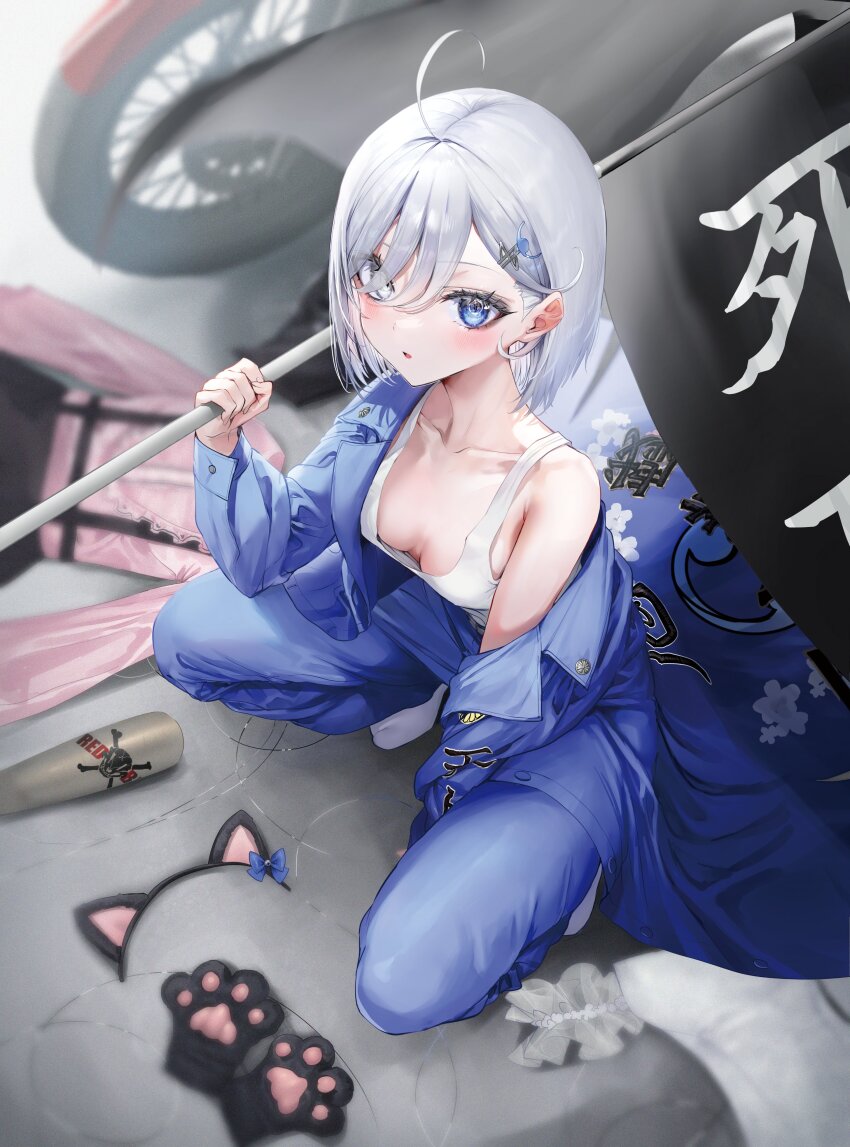 1girl absurdres ahoge animal_ears animal_hands blue_eyes blush cat_ears flag gloves highres holding holding_flag long_hair nekometaru off_shoulder paw_gloves shibou_yuugi_de_meshi_o_kuu short_hair socks solo squatting tank_top unworn_fake_animal_ears unworn_gloves white_hair white_socks yuuki_(shibou_yuugi)