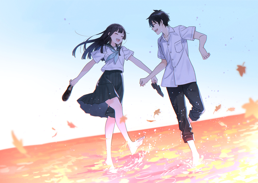 1boy 1girl barefoot black_hair black_pants black_sailor_collar black_skirt blue_neckerchief closed_eyes collared_shirt facing_another full_body hanashiro_anzu highres holding holding_shoes holding_unworn_clothes ito_fumi leaf maple_leaf medium_hair natsu_e_no_tunnel_sayonara_no_deguchi neckerchief open_mouth pants pants_rolled_up sailor_collar school_uniform shirt shoes short_hair short_sleeves skirt smile teeth touno_kaoru unworn_shoes upper_teeth_only wading water white_shirt