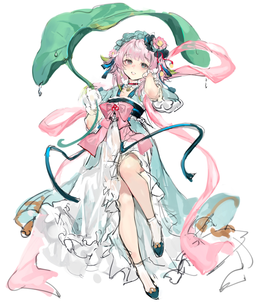 1girl absurdres aqua_dress blue_eyes blue_footwear blush bow chinese_clothes choker dress flower frilled_dress frilled_gloves frills full_body gloves hand_in_own_hair hands_up hanfu highres holding holding_leaf holding_umbrella jinan_(warship_girls_r) leaf leaf_umbrella long_dress looking_up lotus lotus_leaf multicolored_dress official_alternate_costume open_mouth pink_bow pink_hair pink_lips pink_pupils qixiong_ruqun red_choker short_hair simple_background sketch smile socks solo umbrella warship_girls_r water_drop white_background white_dress white_gloves white_socks xiangchizhubijin