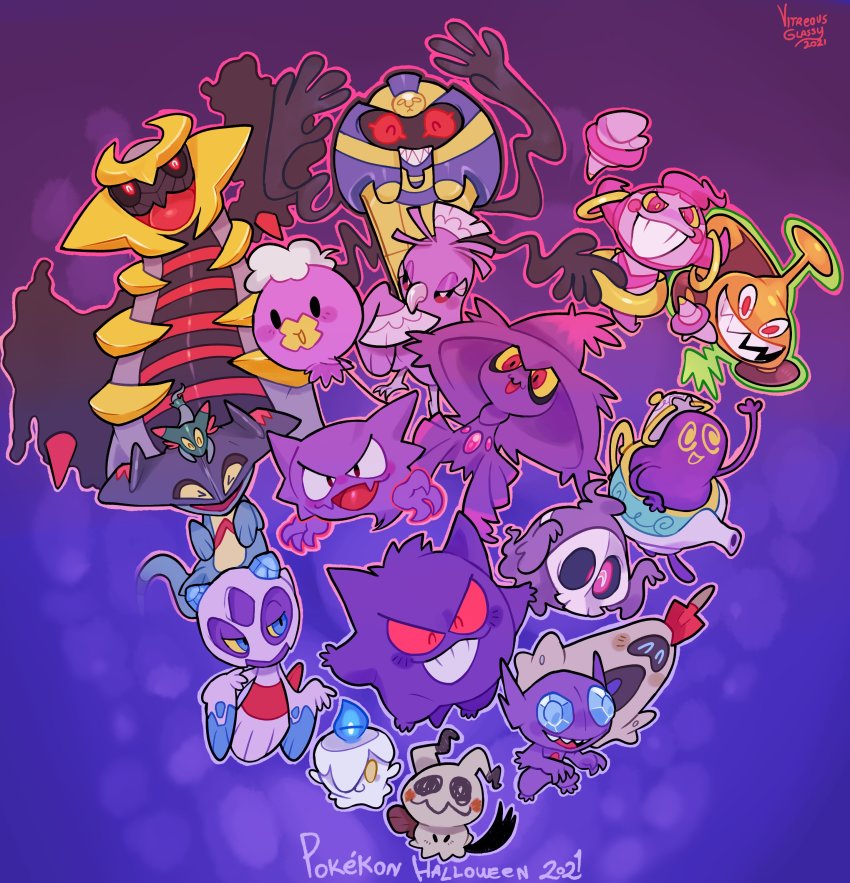 absurdres cofagrigus dreepy drifloon duskull english_text froslass gen_1_pokemon gen_3_pokemon gen_4_pokemon gen_5_pokemon gen_6_pokemon gen_7_pokemon gen_8_pokemon gengar giratina giratina_(altered) grin haunter highres hoopa hoopa_(confined) legendary_pokemon litwick mimikyu mismagius mythical_pokemon nintendo no_humans oricorio oricorio_(sensu) pokemon pokemon_(creature) polteageist red_eyes rotom rotom_(mow) sableye sandygast sharp_teeth signature smile teeth trait_connection vitreous_glassy yellow_eyes