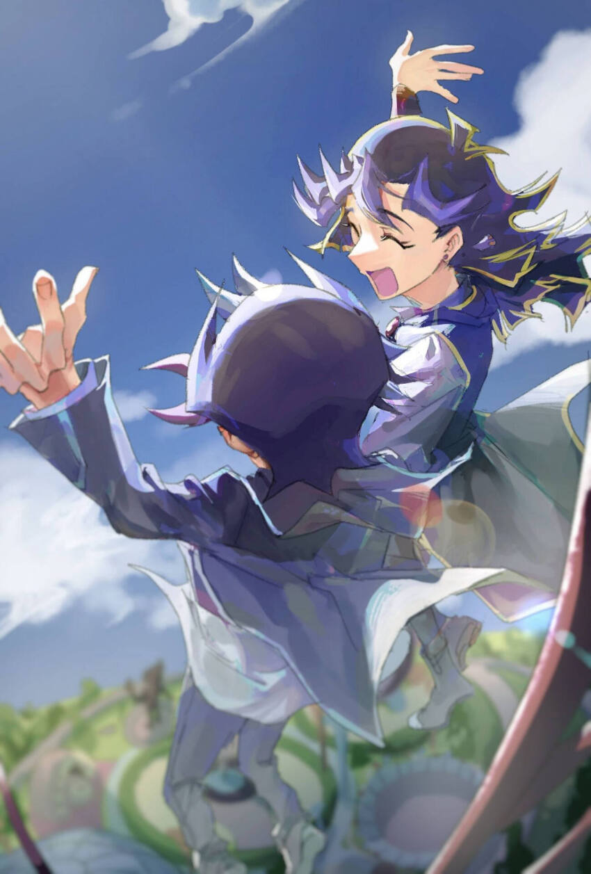 aged_down ai_(yu-gi-oh!) alternate_form amusement_park android black_boots black_cape black_coat black_hair black_pants black_shoes blue_sky blurry blurry_background boots building cape closed_eyes coat colored_bangs dappled_sunlight day dress_shirt facing_away falling fujiki_yusaku happy highres jacket ladder light_particles midair novale110 open_clothes open_hands open_jacket open_mouth outdoors outstretched_arms pants shirt shoes side-by-side sky spiked_hair sunlight untucked_shirt white_shirt yu-gi-oh! yu-gi-oh!_vrains