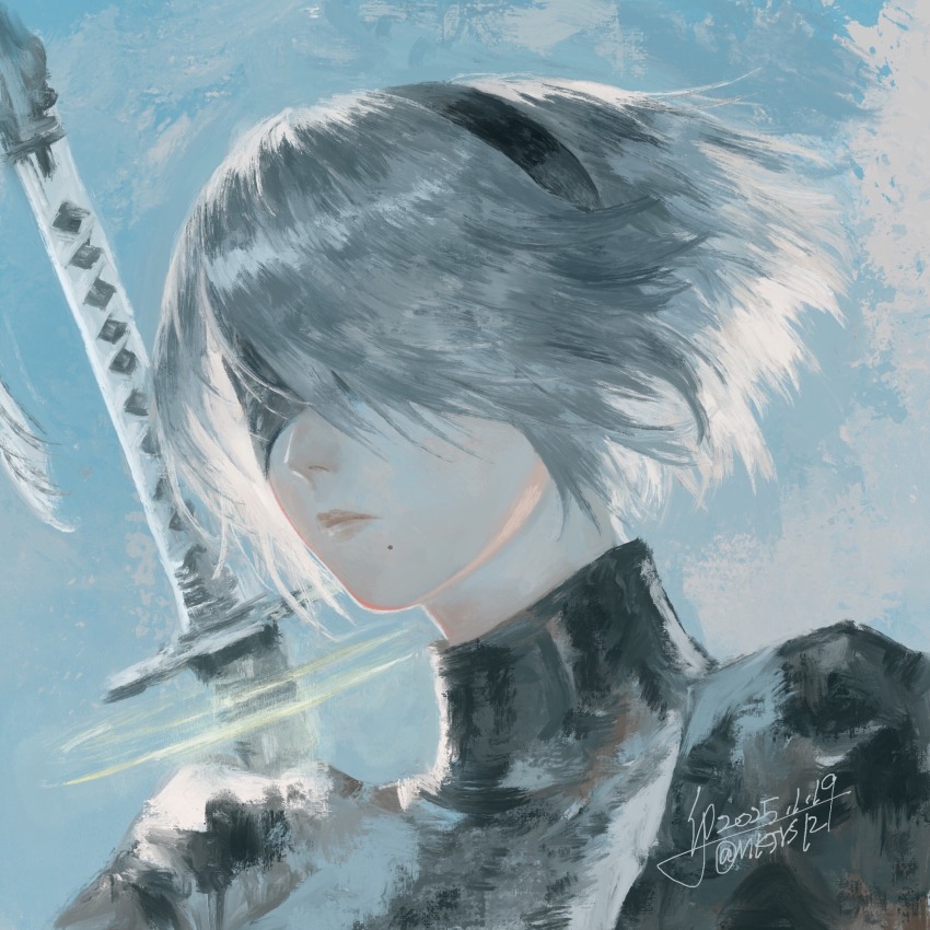 1girl 2b_(nier:automata) black_hairband blindfold blue_sky closed_mouth cloud commentary dated grey_hair hairband highres mole mole_under_mouth nier:automata nier_(series) nkjrs12 pink_lips short_hair signature sky solo sword sword_on_back upper_body weapon weapon_on_back
