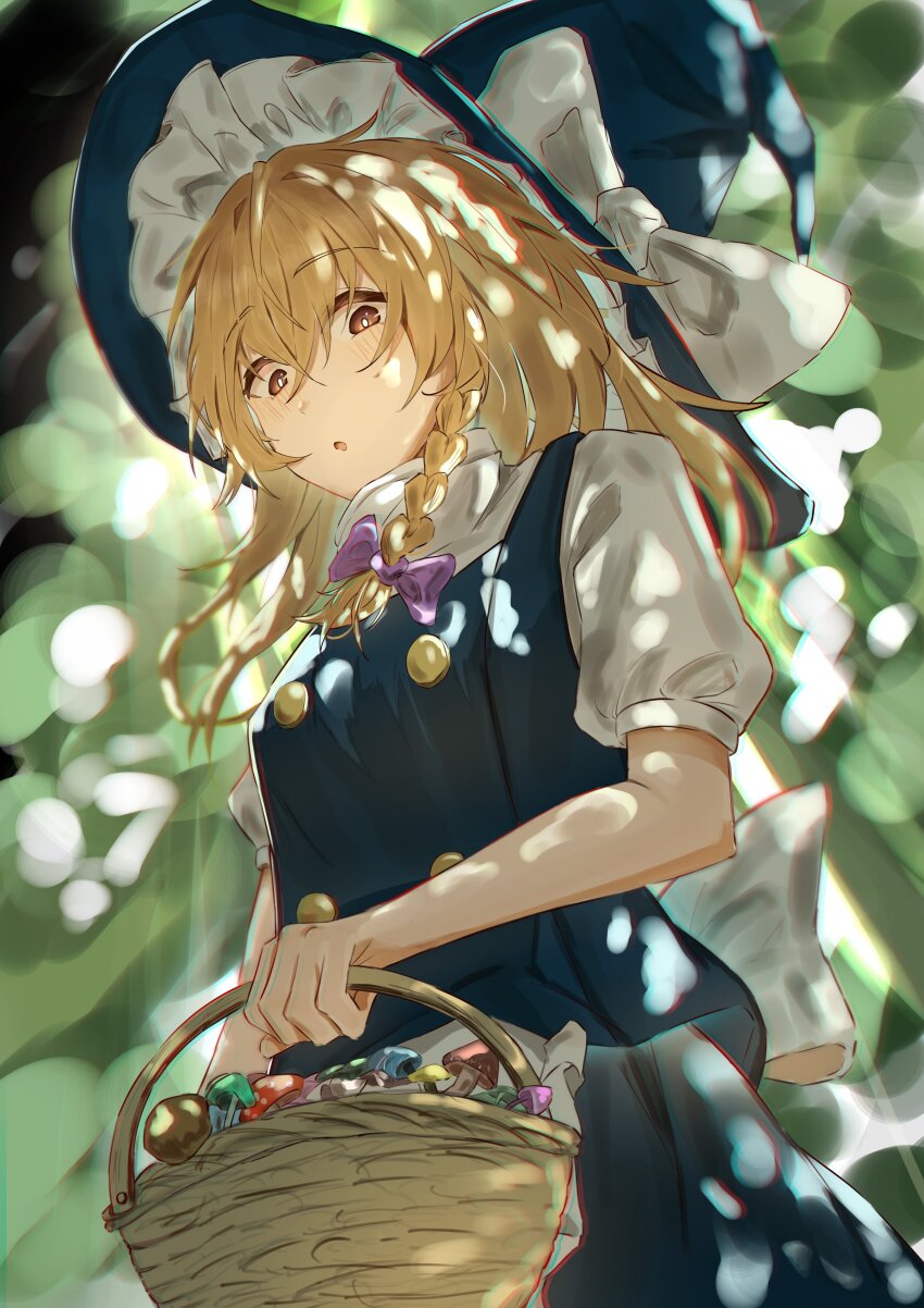 1girl absurdres basket black_hat black_skirt black_vest blonde_hair bow braid buttons hair_bow hat hat_bow highres holding holding_basket kirisame_marisa mushroom shirt single_braid skirt solo touhou vest white_shirt witch_hat yellow_eyes zu_zukan