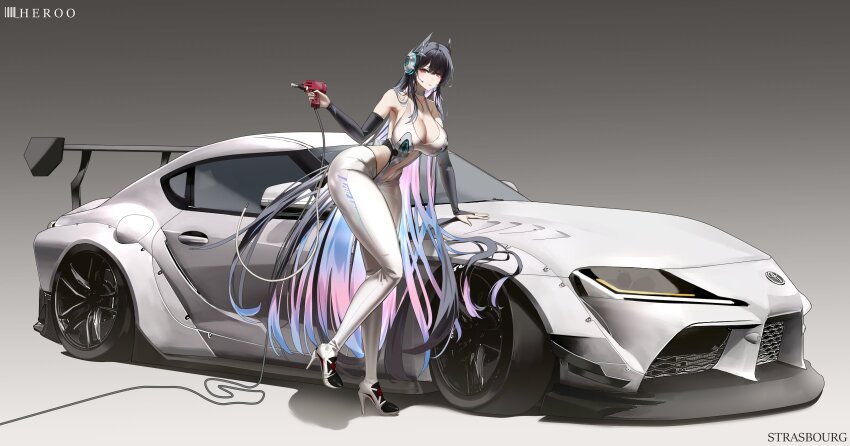 1girl absurdres artist_name azur_lane bare_shoulders black_gloves black_hair bodysuit breasts car character_name cleavage closed_mouth collarbone commentary elbow_gloves english_commentary expressionless fake_tail full_body gloves grey_background hand_on_car headphones high_heels highres holding holding_power_drill large_breasts leaning_forward lips logo long_hair looking_at_viewer louu_heroo motor_vehicle multicolored_hair official_alternate_costume pants partially_fingerless_gloves power_drill product_placement race_vehicle red_eyes sidelocks simple_background solo standing standing_on_one_leg strasbourg_(azur_lane) strasbourg_(faerie_of_the_race_circuit)_(azur_lane) tail thighs tight_clothes tight_pants toyota toyota_supra toyota_supra_mk_v vehicle_focus very_long_hair vichya_dominion_(emblem) white_bodysuit