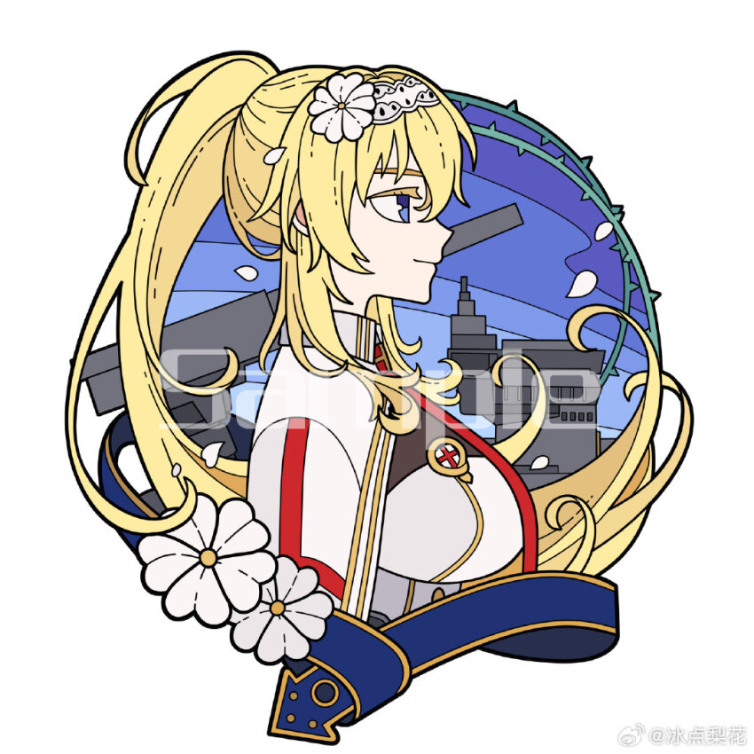 1girl bingdian_lihua blonde_hair blue_eyes breasts duke_of_york_(warship_girls_r) flower from_side hair_flower hair_ornament hair_ribbon high_ponytail large_breasts long_hair petals ponytail profile ribbon ship_turret smile solo upper_body warship_girls_r white_background white_flower