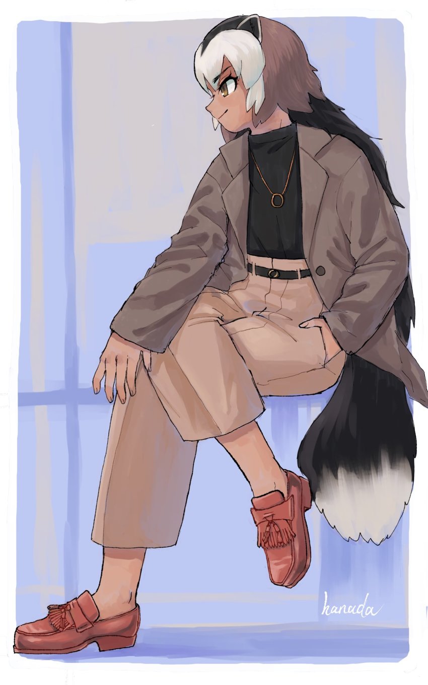 1girl alternate_costume animal_ears arm_rest badger_ears badger_tail belt black_hair brown_eyes brown_hair casual closed_mouth contemporary crossed_legs dark-skinned_female dark_skin full_body hanada_(cobalt003) hand_in_pocket high-waist_pants highres jacket jewelry kemono_friends long_hair long_sleeves looking_afar multicolored_hair open_clothes open_jacket pants pendant pocket profile shirt shoes sitting sleeves_past_wrists smile solo tail very_long_hair white_hair wolverine_(kemono_friends)