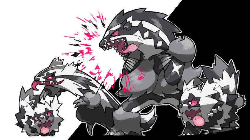 animal_focus blacknirrow crossed_arms evolutionary_line fangs galarian_form galarian_linoone galarian_zigzagoon gen_8_pokemon highres long_tongue nintendo no_humans obstagoon pokemon pokemon_(creature) pokemon_focus red_eyes sharp_teeth simple_background teeth tongue tongue_out two-tone_background