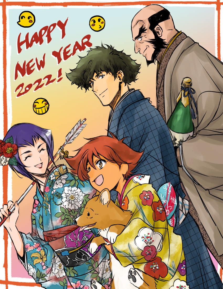 absurdres cowboy_bebop edward_wong_hau_pepelu_tivrusky_iv ein_(cowboy_bebop) faye_valentine highres japanese_clothes jet_black kimono new_year spike_spiegel tobalin