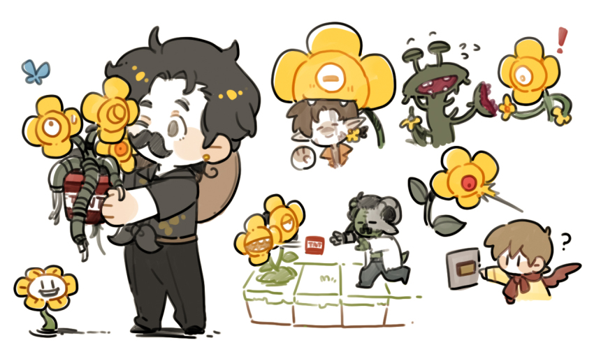 4boys ? animal_ears bird_boy bird_wings biting black_hair brown_hair chibi chibi_only commentary crossover docm77 explosive facial_hair flowey_(undertale) goodtimeswithscar grian_(youtuber) head_biting hermitcraft holding horns luminous_slime male_focus minecraft minecraft_youtube multiple_boys mumbo_jumbo_(youtuber) mustache parody plants_vs._zombies pointy_ears red_sweater sheep_boy sheep_ears sheep_horns shirt short_hair simple_background sweater symbol-only_commentary tied_sweater tnt tnt_block_(minecraft) undertale walking white_background wings yellow_shirt