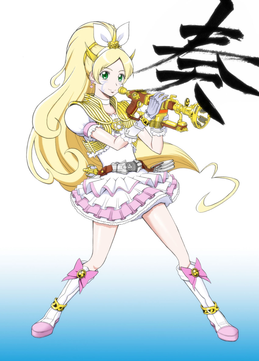 1girl alternate_costume belt blonde_hair choker crossover cure_rhythm dress green_eyes highres horns instrument kamen_rider kamen_rider_hibiki_(series) kamen_rider_ibuki kijinaka_mahiro long_hair marking_on_cheek minamino_kanade parody precure suite_precure trumpet very_long_hair white_choker white_dress