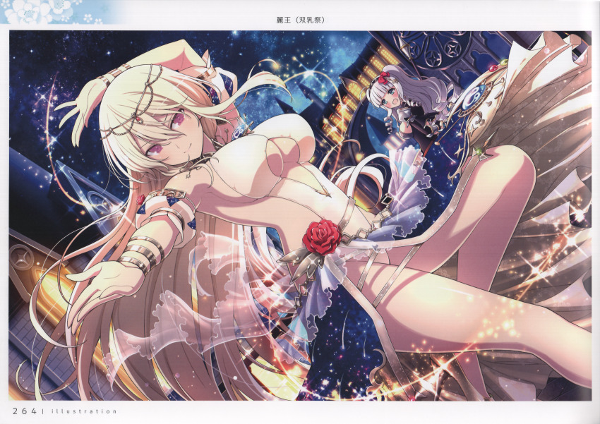 2girls absurdres blonde_hair blush bracelet breasts ginrei_(senran_kagura) highres jewelry large_breasts leg_up leo_(senran_kagura) long_hair looking_at_viewer multiple_girls official_art open_mouth page_number purple_eyes scan senran_kagura senran_kagura_new_link shiny_skin simple_background smile thighs yaegashi_nan