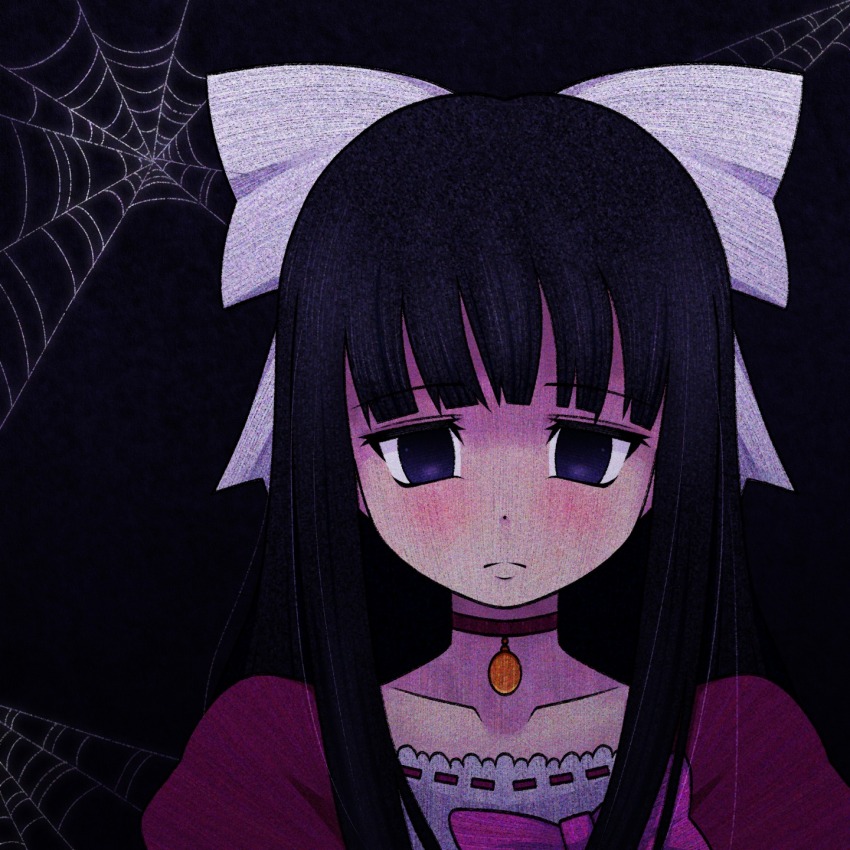 1girl aya_drevis black_hair blue_eyes bow choker closed_mouth collarbone cryptidhermit eyelashes hair_bow highres long_hair looking_at_viewer mad_father pink_bow sad silk solo spider_web white_bow