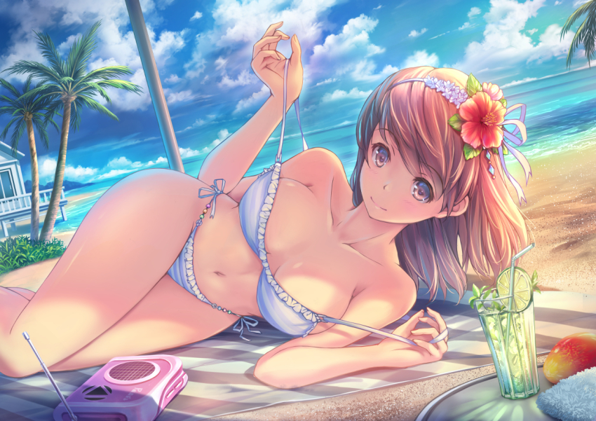 1girl bare_arms bare_shoulders beach beach_mat bikini blue_bikini blue_sky breasts breasts_apart brown_eyes brown_hair building cloud cloudy_sky collarbone commentary cup day drinking_glass drinking_straw dutch_angle female_focus flower food frilled_bikini frills fruit hair_flower hair_ornament hair_ribbon hairband hibiscus large_breasts long_hair looking_at_viewer lying navel ocean on_side original outdoors palm_tree ribbon sand side-tie_bikini_bottom sky smile solo soraizumi strap_pull sunlight swimsuit thighs tree water