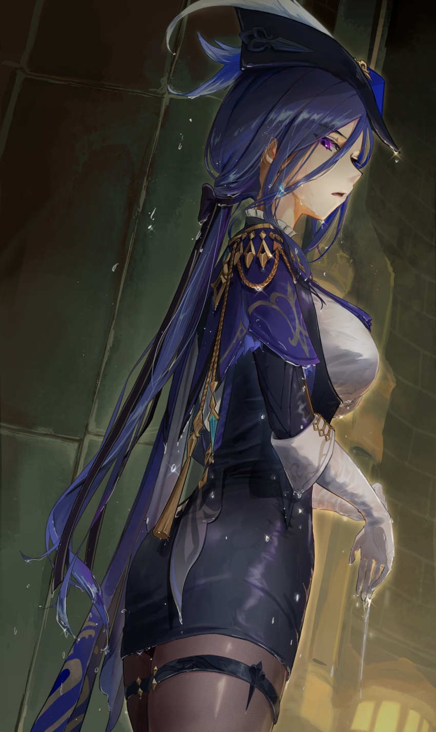 1girl ascot black_corset blue_ascot blue_cape blue_hair blue_headwear breasts cape clorinde_(genshin_impact) corset cowboy_shot dark_blue_hair dekalco dripping epaulettes fold-over_gloves genshin_impact gloves hat_feather highres large_breasts long_hair looking_at_viewer low_ponytail parted_lips ponytail purple_ascot purple_eyes solo stone_wall wall wet wet_clothes white_gloves