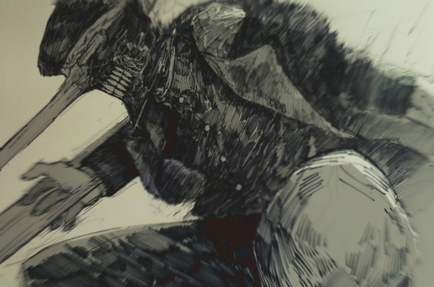 1boy chainsaw_man coat epeulu_(ate5424) facing_to_the_side hatching_(texture) katana katana_man_(chainsaw_man) linear_hatching monochrome solo squatting sword teeth traditional_media weapon