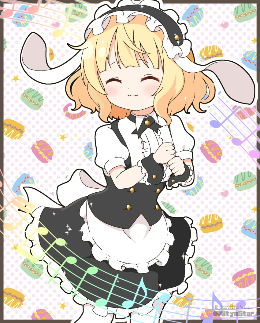 1girl :3 animal_ears apron beamed_eighth_notes black_border black_hairband black_skirt blonde_hair border center_frills closed_eyes closed_mouth commentary_request eighth_note fake_animal_ears fleur_de_lapin_uniform floppy_ears food-themed_background frilled_apron frilled_hairband frilled_skirt frills gochuumon_wa_usagi_desu_ka? hairband highres kirima_syaro macaron_background mitya musical_note pantyhose polka_dot polka_dot_background puffy_short_sleeves puffy_sleeves quarter_note revision shirt short_sleeves skirt solo twitter_username waist_apron waitress white_apron white_background white_pantyhose white_shirt wrist_cuffs