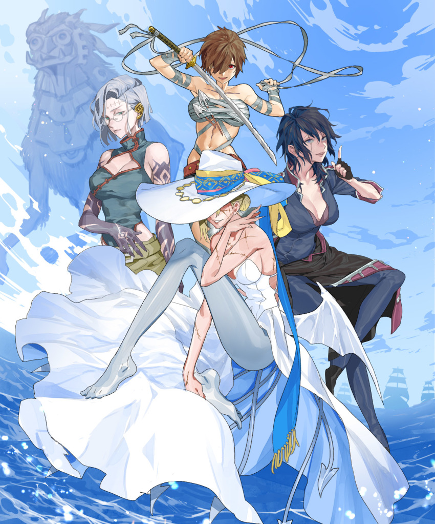 4girls :d arrow_(projectile) belt blonde_hair blue_eyes breasts brown_hair cleavage dress glasses grey_hair grey_legwear hair_bun hair_over_one_eye highres holding holding_sword holding_weapon looking_at_viewer mayumio88 medium_breasts monster multiple_girls navel open_mouth pantyhose pixiv_fantasia pixiv_fantasia_age_of_starlight red_eyes sarashi scar scar_across_eye scar_on_face short_hair single_hair_bun sitting smile stitches sword tail tattoo water weapon white_dress white_headwear wings