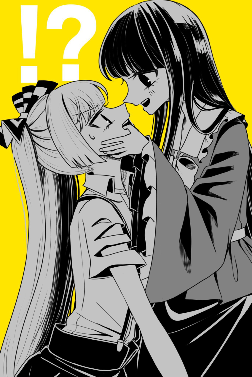 !? 2girls blush bow bowtie collared_shirt commentary_request eye_contact frilled_shirt_collar frilled_sleeves frills fujiwara_no_mokou greyscale_with_colored_background hair_bow hands_on_another&#039;s_cheeks hands_on_another&#039;s_face highres houraisan_kaguya long_hair long_sleeves looking_at_another multiple_girls open_mouth shirt skirt smile suspenders sweatdrop tamiko_(tamik0224) torn_clothes torn_sleeves touhou very_long_hair wide_sleeves yuri