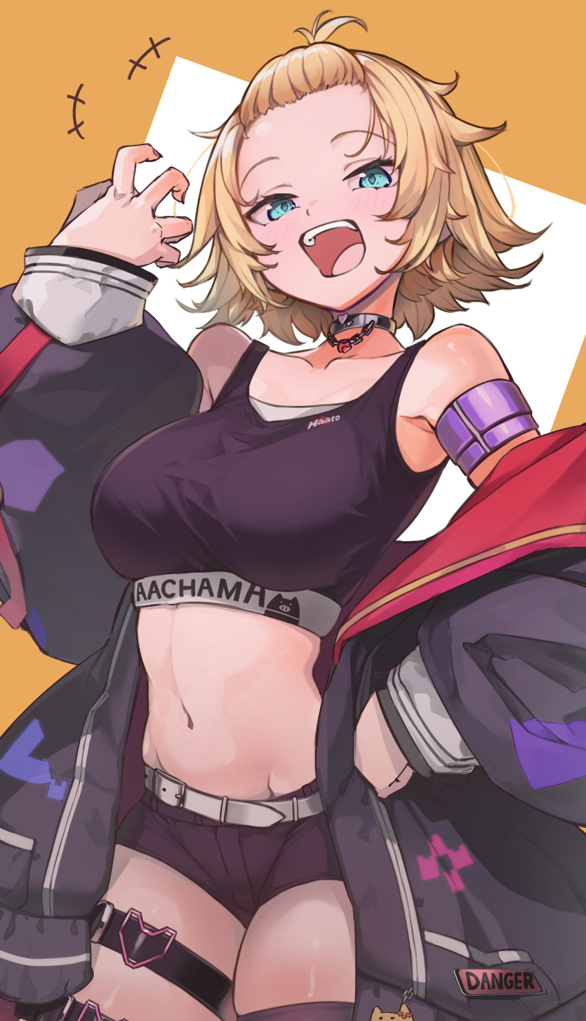 1girl ahoge akai_haato akai_haato_(8th_costume) black_choker black_jacket black_shorts black_sports_bra blonde_hair blue_eyes breasts character_name choker hand_on_own_hip highres hololive jacket large_breasts looking_at_viewer moritatsu navel official_alternate_costume open_mouth short_hair short_shorts shorts solo sports_bra thigh_strap virtual_youtuber yellow_background