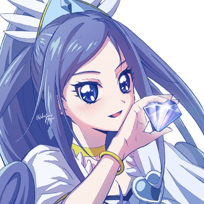 1girl blue_bow blue_eyes blue_hair bow bracelet brooch choker crystal_earrings cure_diamond diamond_(gemstone) dokidoki!_precure earrings hair_ornament heart heart_brooch high_ponytail highres hishikawa_rikka jewelry long_hair looking_at_viewer magical_girl open_mouth ponytail precure signature smile solo suzumi_yufu twitter_username wide_ponytail yellow_choker