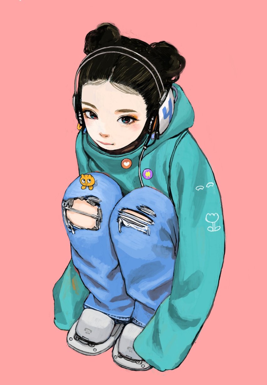 1girl aqua_hoodie black_hair blue_eyes blush cable denim double_bun eyeshadow grey_footwear hair_bun headphones highres hood hood_down jeans junjunforever looking_at_viewer makeup orange_eyeshadow original pants simple_background smile solo squatting torn_clothes torn_pants