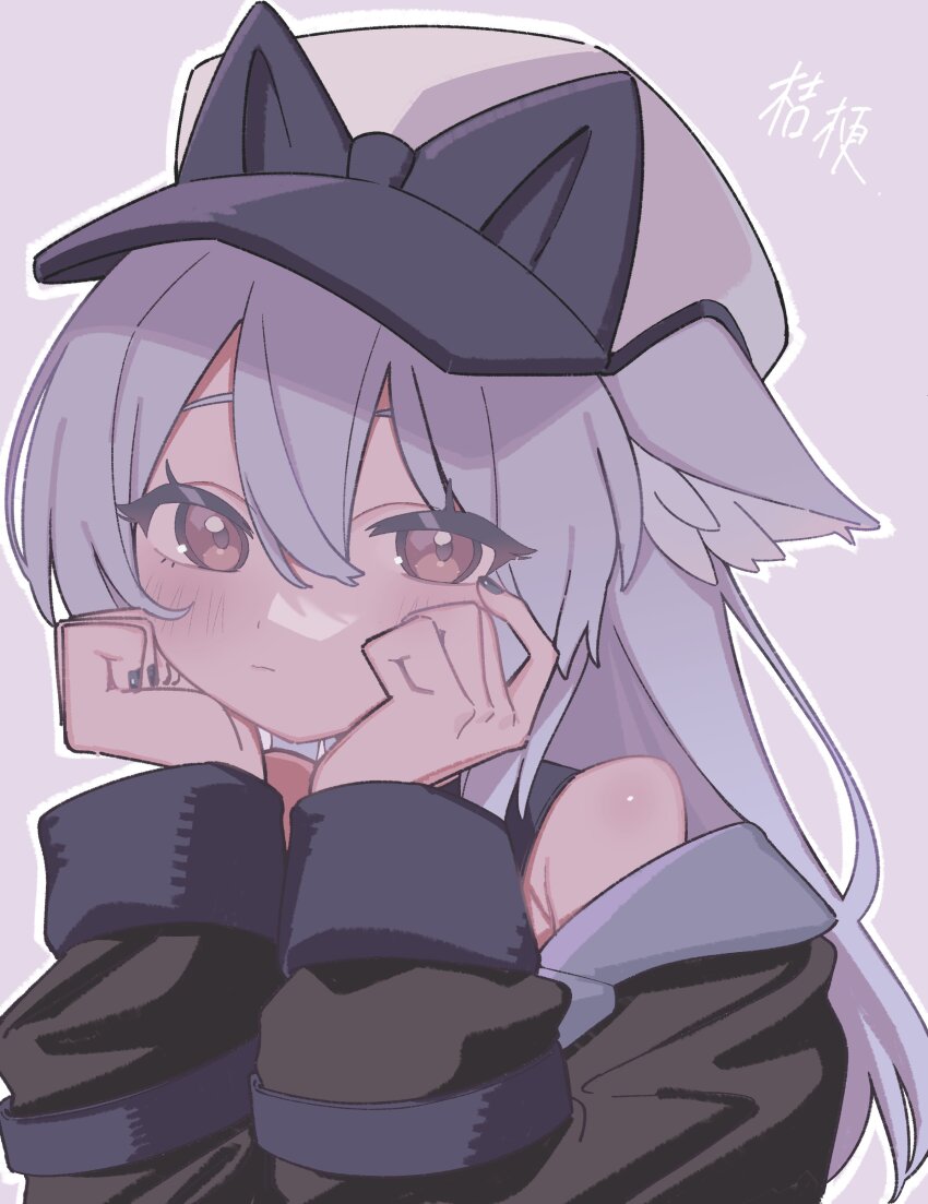 1girl absurdres animal_ear_fluff animal_ear_headwear animal_ears bare_shoulders black_jacket black_nails blush brown_eyes cat_ears closed_mouth fake_animal_ears grey_background grey_hair hair_between_eyes hands_on_own_cheeks hands_on_own_face hat head_rest highres jacket kikyo_(vrchat) long_hair long_sleeves looking_at_viewer nail_polish no_men5 off_shoulder outline red_eyes simple_background solo upper_body vrchat white_outline