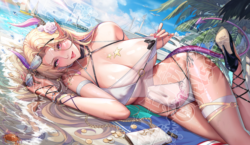 1girl areola_slip armband beach bikini blonde_hair blue_sky boat book breasts chain chelsea_(witch_company) chinese_commentary cloud coin covered_erect_nipples crab cross cross_necklace demon_girl demon_horns demon_tail flower gem hair_flower hair_ornament hair_spread_out high_heels horns jewelry large_breasts leg_up lying nail_polish navel necklace o-ring o-ring_bikini on_side open_mouth palm_tree pen pink_flower pink_rose pointy_breasts pointy_ears pubic_tattoo red_eyes red_lips rose see-through_clothes sidelocks sky solo star_(symbol) strappy_heels sunglasses swimsuit tail tattoo teeth thigh_bands thigh_strap towel tree tsuki_no_i-min unworn_eyewear virtual_youtuber water watercraft watermark waves white_bikini witch_company_project yacht