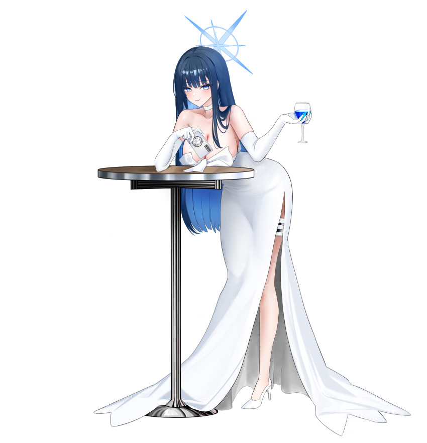1girl absurdres bare_shoulders blue_archive blue_eyes blue_hair blue_halo blush breast_rest breasts breasts_on_table card choker cleavage closed_mouth colored_inner_hair cup dress drinking_glass elbow_gloves elbow_on_table full_body gloves halo hezzu_0 high_heels highres holding holding_card holding_cup large_breasts long_hair looking_at_viewer multicolored_hair official_alternate_costume round_table saori_(blue_archive) saori_(dress)_(blue_archive) shoes side_slit simple_background smile solo strapless strapless_dress table thigh_sheath white_background white_choker white_dress white_gloves white_shoes wine_glass