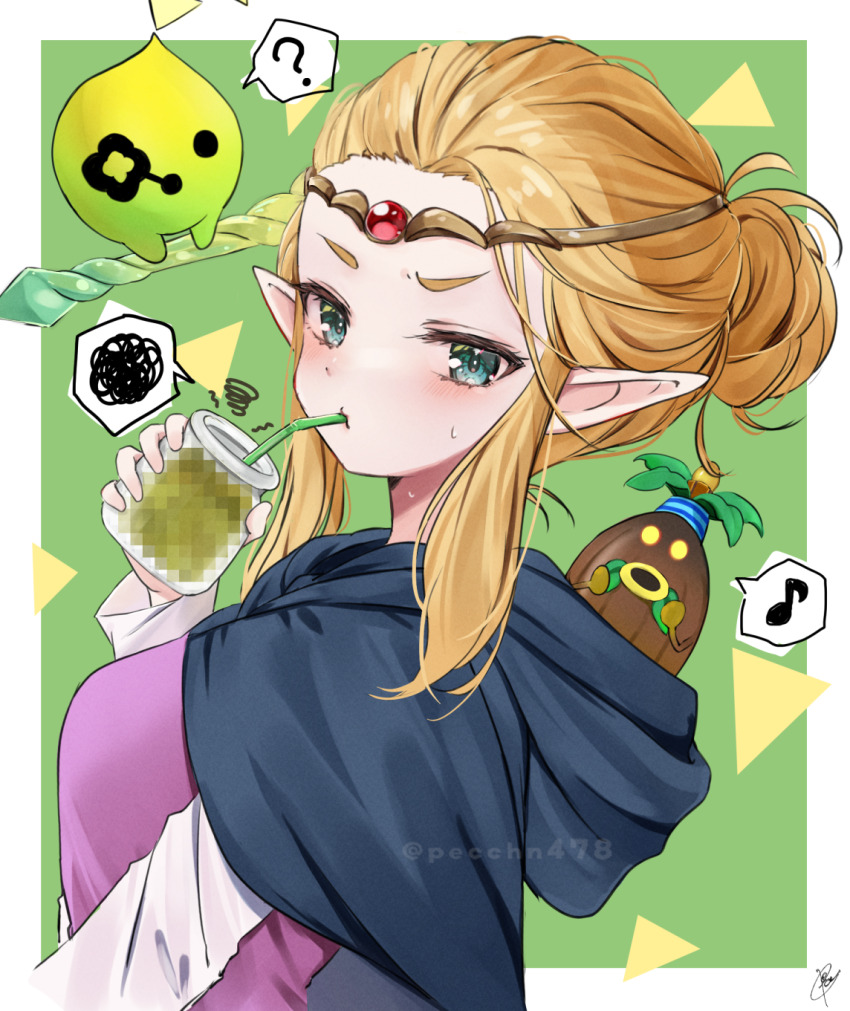 1girl ? bad_food blonde_hair blue_eyes blush border circlet commentary_request deku_scrub drinking_straw eyelashes gem green_background highres holding holding_jar jar looking_at_viewer musical_note nintendo outside_border pecco_(pecco297) pointy_ears princess_zelda red_gemstone sidelocks spoken_musical_note spoken_question_mark spoken_squiggle squiggle sweat the_legend_of_zelda the_legend_of_zelda:_echoes_of_wisdom tri_(zelda) v-shaped_eyebrows white_border