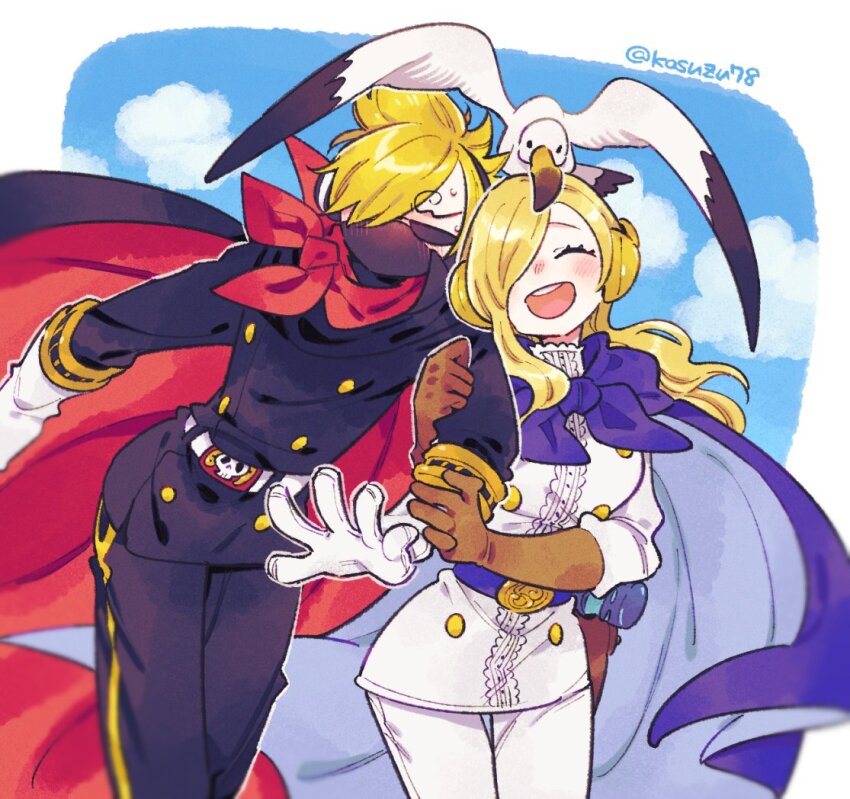 1boy 1girl ^_^ belt bird blonde_hair blue_sky cape closed_eyes cloud commentary_request cowboy_shot curly_eyebrows gloves hair_over_one_eye headphones locked_arms long_hair mitsubachi_koucha mother_and_son neckerchief one_piece purple_neckerchief red_neckerchief sanji_(one_piece) seagull short_hair sky smile sunglasses twitter_username vinsmoke_sora white_gloves
