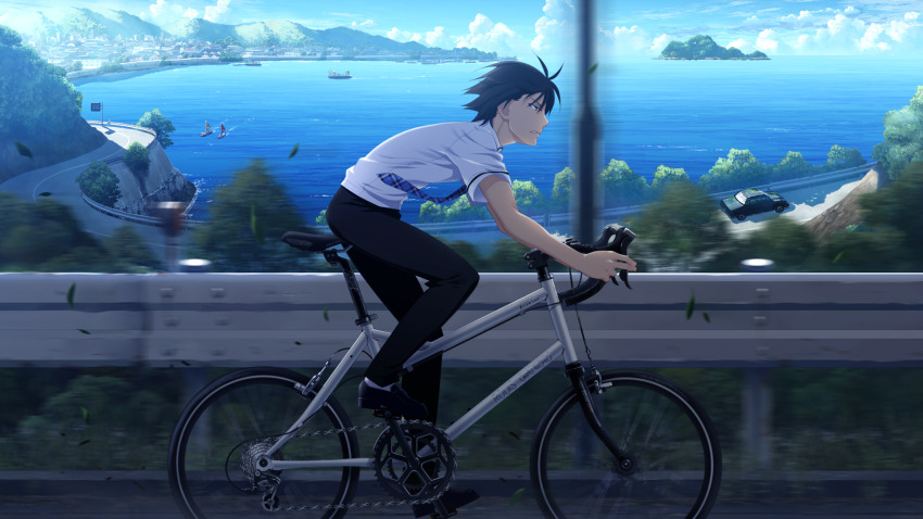 1boy bicycle black_hair black_pants blue_necktie boat car clenched_teeth cloud collared_shirt day floating_hair from_side full_body fumio_(ura_fmo) game_cg grey_eyes grisaia_(series) grisaia_no_kajitsu guard_rail highres kazami_yuuji lamppost motor_vehicle mountain necktie non-web_source ocean outdoors pants plaid_clothes plaid_necktie profile riding riding_bicycle road road_bicycle school_uniform shirt short_hair short_sleeves solo teeth tree watercraft white_shirt
