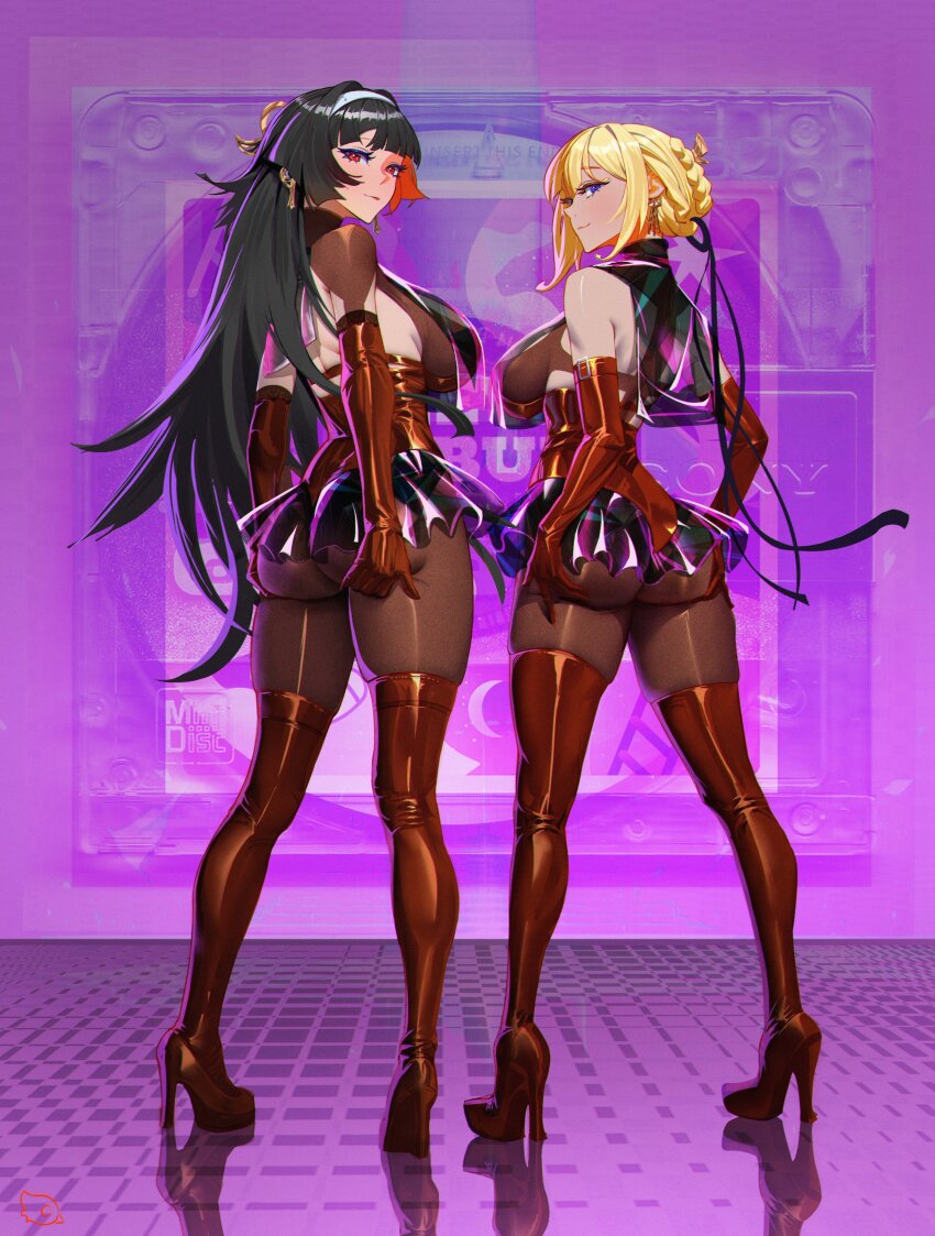 2girls absurdres arm_belt ass ass_support astra_yao back bare_shoulders black_hair black_ribbon blonde_hair bodystocking breast_curtain breasts brown_bodystocking brown_pantyhose closed_mouth commentary_request corset covered_erect_nipples earrings elbow_gloves evelyn_chevalier eyelashes frilled_skirt frills from_behind full_body gloves hairband hands_on_own_ass hhhhhddd_audn high_heels highres jewelry large_breasts latex latex_corset latex_gloves latex_thigh_boots latex_thighhighs legs_apart light_smile long_hair long_ribbon looking_at_viewer looking_back multiple_girls pantyhose purple_background purple_eyes red_corset red_eyes red_gloves red_pupils red_thighhighs reflection reflective_floor ribbon ring_hair_ornament see-through_breast_curtain see-through_clothes see-through_skirt skirt standing thighhighs tight_clothes uneven_bangs white_hairband zenless_zone_zero