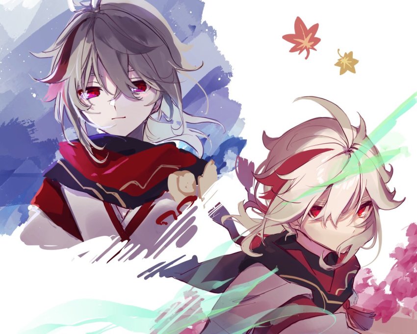 1boy antenna_hair closed_mouth cropped_shoulders crossed_bangs gameyaruzaurus genshin_impact grey_hair japanese_clothes kaedehara_kazuha leaf looking_at_viewer male_focus multicolored_hair multiple_views ponytail red_eyes red_hair simple_background streaked_hair tassel