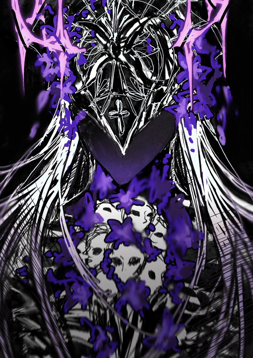 1girl alternate_color alternate_universe bad_end black_background commentary doll english_commentary faceless flower head_ornament herta_(honkai:_star_rail) highres honkai:_star_rail honkai_(series) irontomb long_hair monochrome multiple_heads purple_flower raiholic ribs skull star_(symbol) the_herta_(honkai:_star_rail)