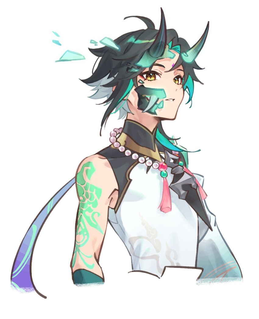 1boy arm_tattoo bead_necklace beads broken_mask cropped_torso facial_mark forehead_mark genshin_impact green_hair highres horns isofishtsu jewelry looking_at_viewer makeup male_focus mask multicolored_hair necklace orange_eyes simple_background solo tassel tattoo upper_body white_background xiao_(genshin_impact)
