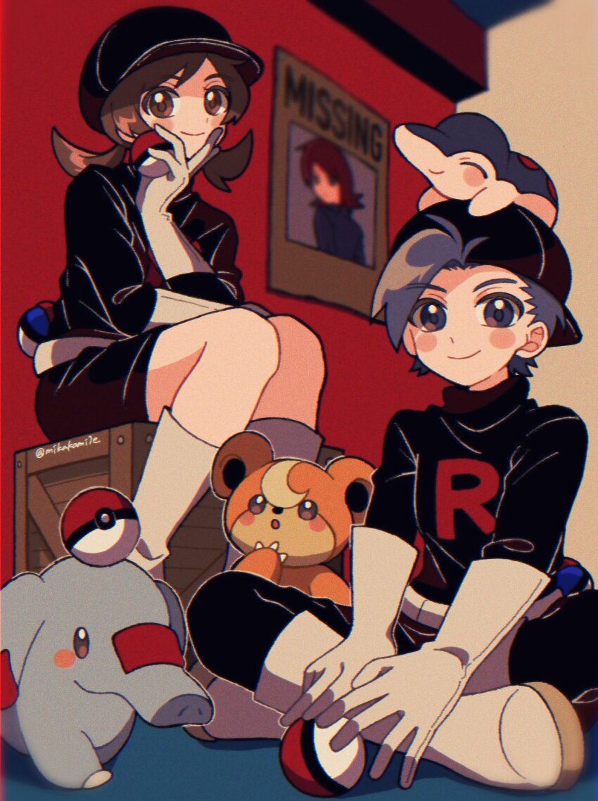 1boy 1girl black_eyes black_hair black_shirt black_skirt blush blush_stickers boots brown_eyes brown_hair closed_mouth cyndaquil ethan_(pokemon) game_freak gen_2_pokemon gloves great_ball hand_on_own_chin highres holding holding_poke_ball looking_at_viewer lyra_(pokemon) medium_hair mikakami1e nintendo on_head phanpy poke_ball poke_ball_(basic) pokemon pokemon_(creature) pokemon_hgss pokemon_on_head shirt short_hair silver_(pokemon) sitting skirt smile team_rocket team_rocket_uniform teddiursa twintails white_footwear white_gloves