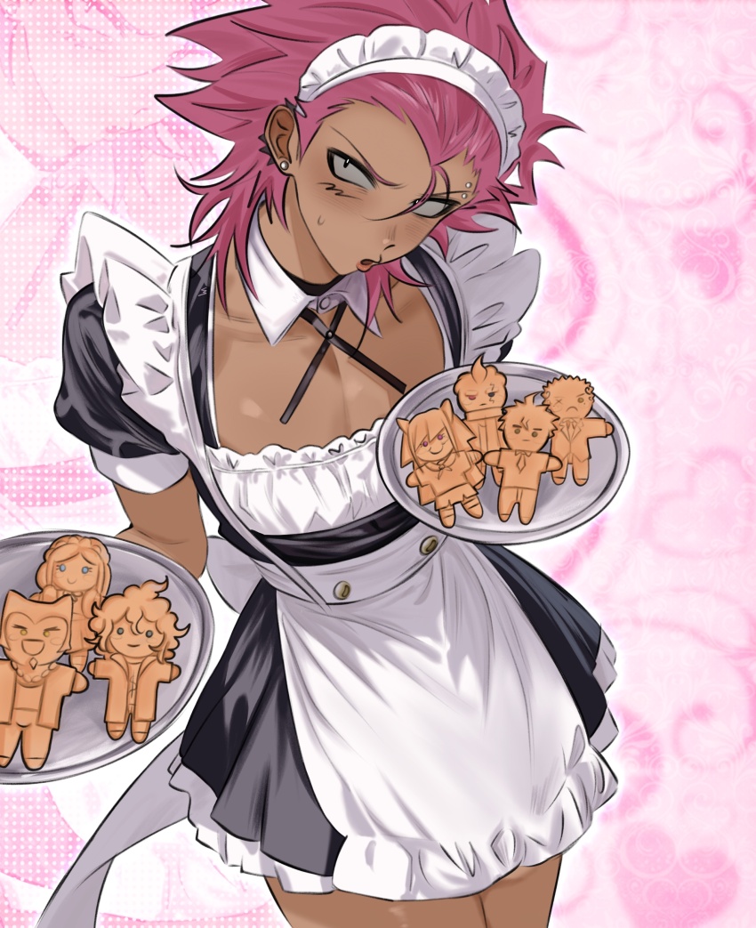 1boy :o absurdres alternate_costume apron black_dress blush character_cookie collarbone cookie cowboy_shot danganronpa_(series) danganronpa_2:_goodbye_despair dark-skinned_male dark_skin dress earrings enmaided food highres hinata_hajime holding holding_tray jewelry komaeda_nagito kuzuryu_fuyuhiko maid maid_apron maid_headdress male_focus medium_hair mioda_ibuki nidai_nekomaru pink_hair short_sleeves soda_kazuichi solo sonia_nevermind tanaka_gundham tray veggiemist white_apron zoom_layer