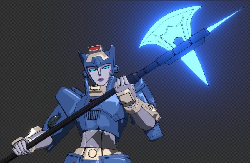 1girl 3d andypurro armor autobot axe battle_axe blender_(medium) blue_eyes chromia colored_skin grey_skin helmet humanoid_robot purple_lips robot robot_girl shoulder_armor solo transformers transformers:_generation_1 weapon