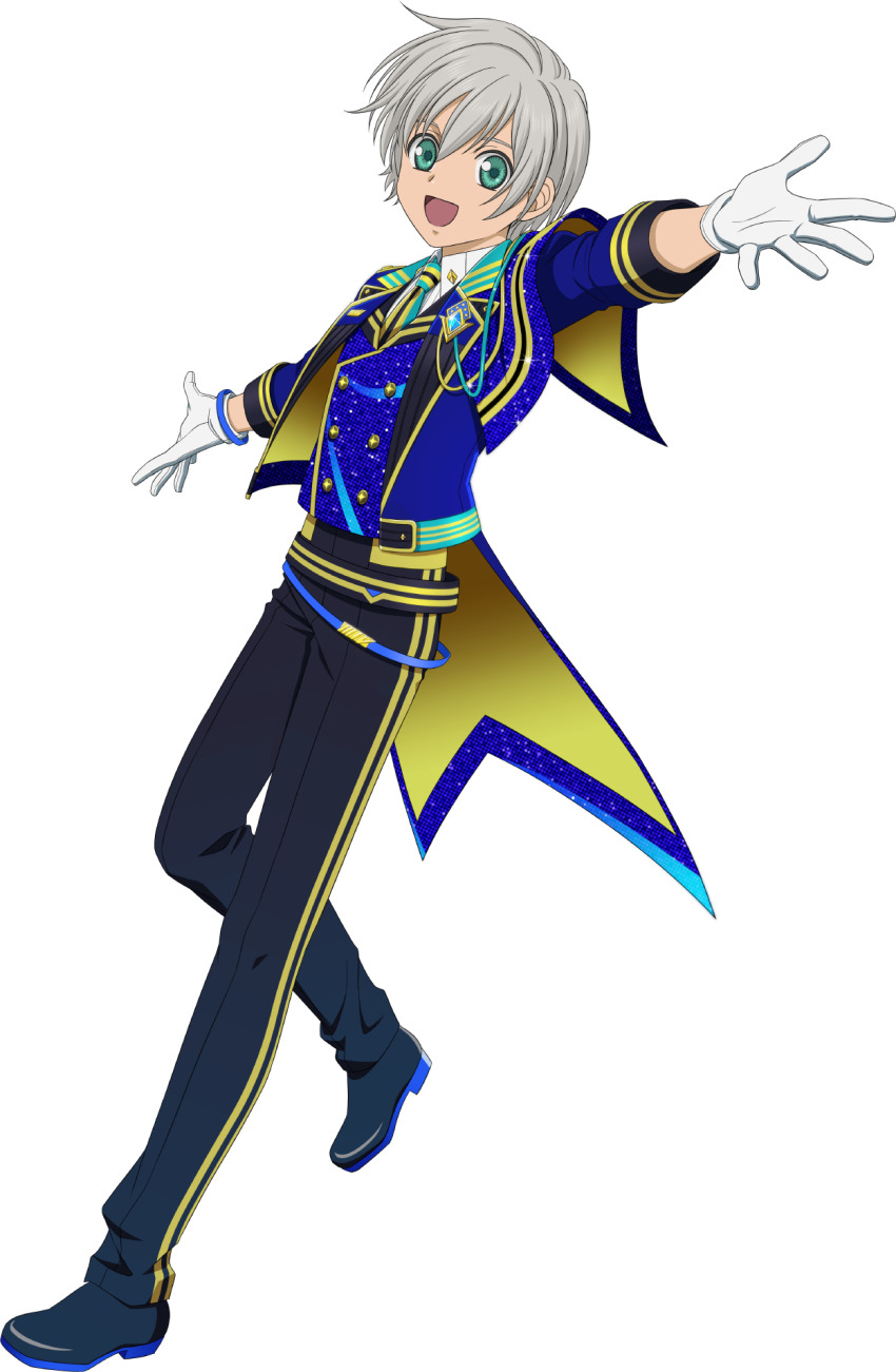 1boy aqua_eyes black_pants black_shoes buttons full_body gloves grey_hair hair_between_eyes highres idol idolmaster idolmaster_side-m looking_at_viewer male_focus necktie official_art open_mouth pants pride_star_(idolmaster_side-m) ruca_milda shoes solo tales_of_(series) tales_of_asteria tales_of_innocence transparent_background white_gloves