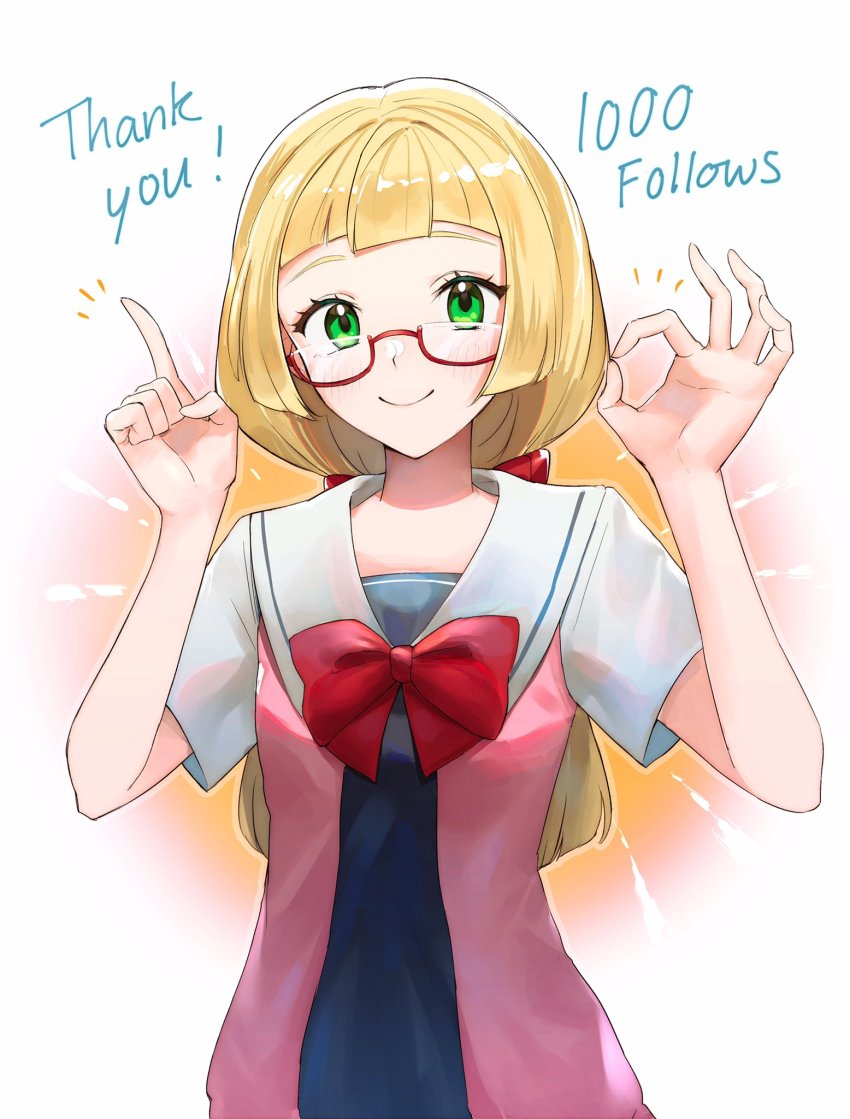 1girl alternate_costume bespectacled blonde_hair blush bow closed_mouth commentary_request creatures_(company) eyelashes game_freak glasses green_eyes hands_up highres index_finger_raised konbu_1270 lillie_(pokemon) looking_at_viewer milestone_celebration nintendo ok_sign pokemon pokemon_(anime) pokemon_sm113 pokemon_sm_(anime) red-framed_eyewear red_bow semi-rimless_eyewear short_sleeves smile solo thank_you upper_body