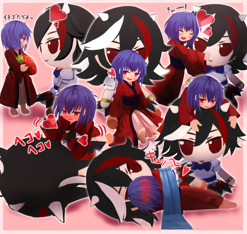 1girl barefoot black_sash blush breasts character_doll closed_eyes commentary_request cone_horns doll food fruit full_body fumo_(doll) garakuraku heart highres holding holding_food holding_fruit horns hug hugging_doll hugging_object japanese_clothes kijin_seija kimono lying mini_person minigirl multiple_views nose_blush obi on_side open_mouth pink_background purple_hair red_eyes red_kimono sash short_hair small_breasts smile strawberry sukuna_shinmyoumaru touhou