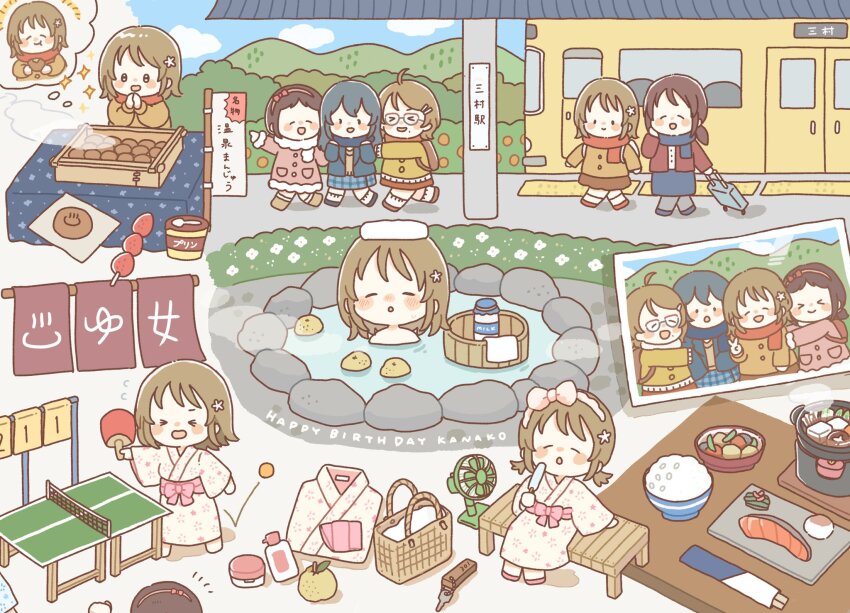 &gt;_&lt; 5girls :d ahoge arms_at_sides backpack bag ball basket bathing bench birthday blue_footwear blue_hair blue_scarf blue_skirt blush blush_stickers bottle bow bow_hairband brown_footwear brown_hair brown_skirt brown_sweater bush chibi chopsticks closed_eyes closed_mouth coat commentary_request eating electric_fan english_text flower flying_sweatdrops food fruit glasses hair_flower hair_ornament hairband hand_on_bench hand_up hands_up happy_birthday highres hill holding holding_food holding_ice_cream holding_suitcase holding_table_tennis_paddle hotpot ice_cream idolmaster idolmaster_cinderella_girls imagining jacket japanese_clothes key kimono long_hair long_sleeves medium_hair mifune_miyu milk milk_bottle mimura_kanako mochi mole mole_under_mouth multiple_girls muramatsu_sakura no_nose notice_lines ohishi_izumi on_bench onsen open_clothes open_jacket open_mouth orange_(fruit) outdoors own_hands_together paddle photo_(object) pink_coat pink_hairband potato red_bow red_footwear red_jacket red_scarf rice rolling_suitcase salmon scarf shirt shoes short_hair short_twintails sidelocks sign sitting skirt smile socks solo_focus standing straight_hair strawberry suitcase sweater sweetyaek table_tennis table_tennis_ball table_tennis_net table_tennis_paddle towel towel_on_head train train_station train_station_platform translation_request tsuchiya_ako twintails vacation walking white_flower white_kimono white_scarf white_shirt white_socks xd yukata