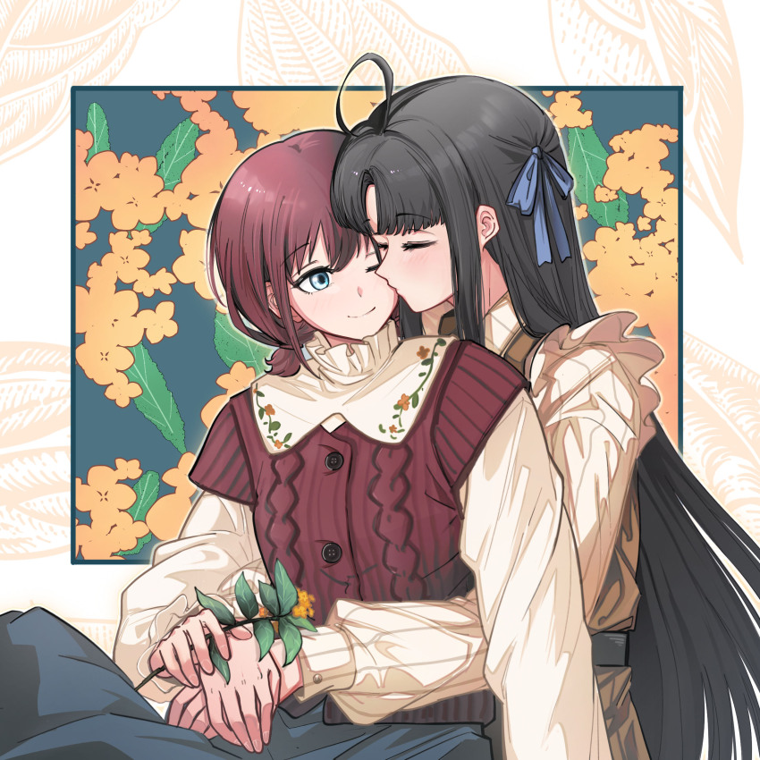 2girls absurdres ahoge artist_request awa_subaru black_hair blue_eyes blue_ribbon blue_skirt closed_mouth commentary commission flower girls_band_cry hair_ribbon hashtag-only_commentary highres hug hug_from_behind iseri_nina kiss kissing_cheek leaf long_hair multiple_girls one_eye_closed red_hair red_sweater ribbon second-party_source shirt short_twintails sitting skirt smile sweater twintails white_shirt yellow_flower yuri