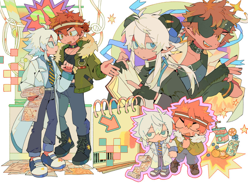 2boys bakori514_(h_akka) bishounen black_boots black_choker black_horns black_shirt blue_eyes blue_pants boots borrowed_character chibi choker coat collared_shirt commission deformed denim diagonal-striped_clothes diagonal-striped_necktie eyepatch fur_hood green_jacket highres holding holding_paper hood hooded_jacket horns jacket jeans lab_coat male_focus multiple_boys multiple_views necktie orange_hair original outline pants paper pink_outline second-party_source shirt striped_clothes two-tone_necktie white_coat white_hair wing_collar yellow_eyes