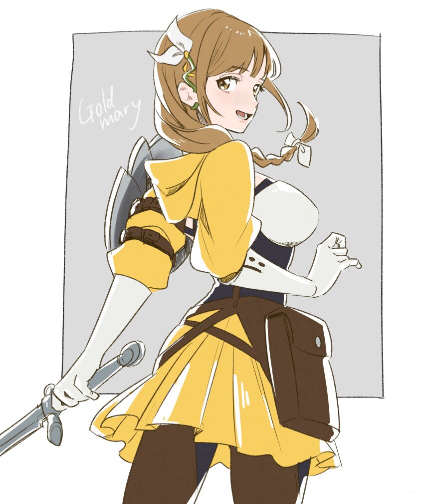 absurdres armor black_corset braid braided_ponytail brown_eyes brown_hair corset fire_emblem fire_emblem_engage gloves goldmary_(fire_emblem) highres holding holding_sword holding_weapon hooded_top hoshigaki_(hsa16g) low_ponytail nintendo ponytail ribbon shoulder_armor single_shoulder_pad skirt sword weapon white_gloves white_ribbon yellow_skirt