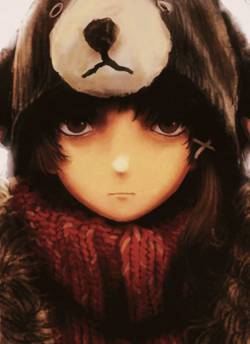 1girl animal_hood bear_hood brown_eyes brown_hair closed_mouth highres hood hood_up iwakura_lain knit_scarf looking_at_viewer portrait ranm12s red_scarf scarf serial_experiments_lain solo
